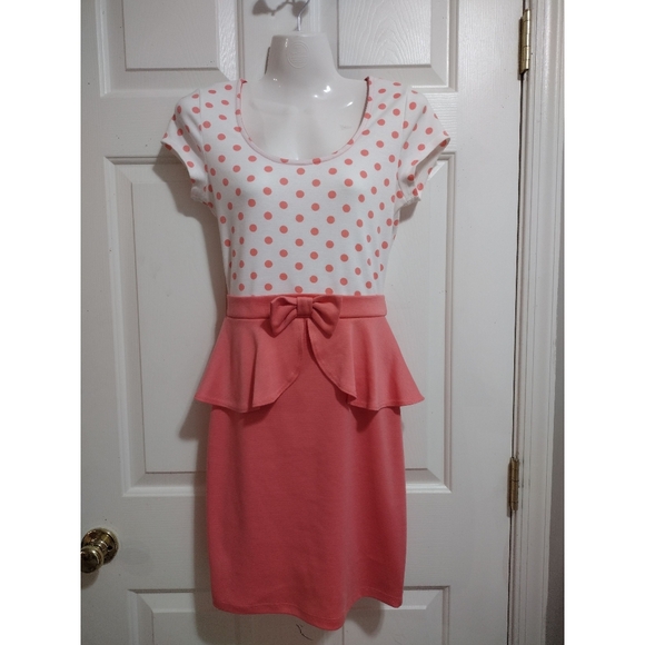 Celine by Champion Dresses & Skirts - Polka Dot Peplum Y2K Business Casual Dress Coral/White Women's Size Small